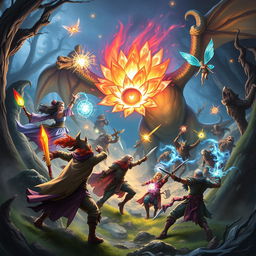 An intense battle scene with a powerful sorceress casting spells using the energy of a glowing crystal flower, accompanied by a magnificent dragon fiercely breathing fire