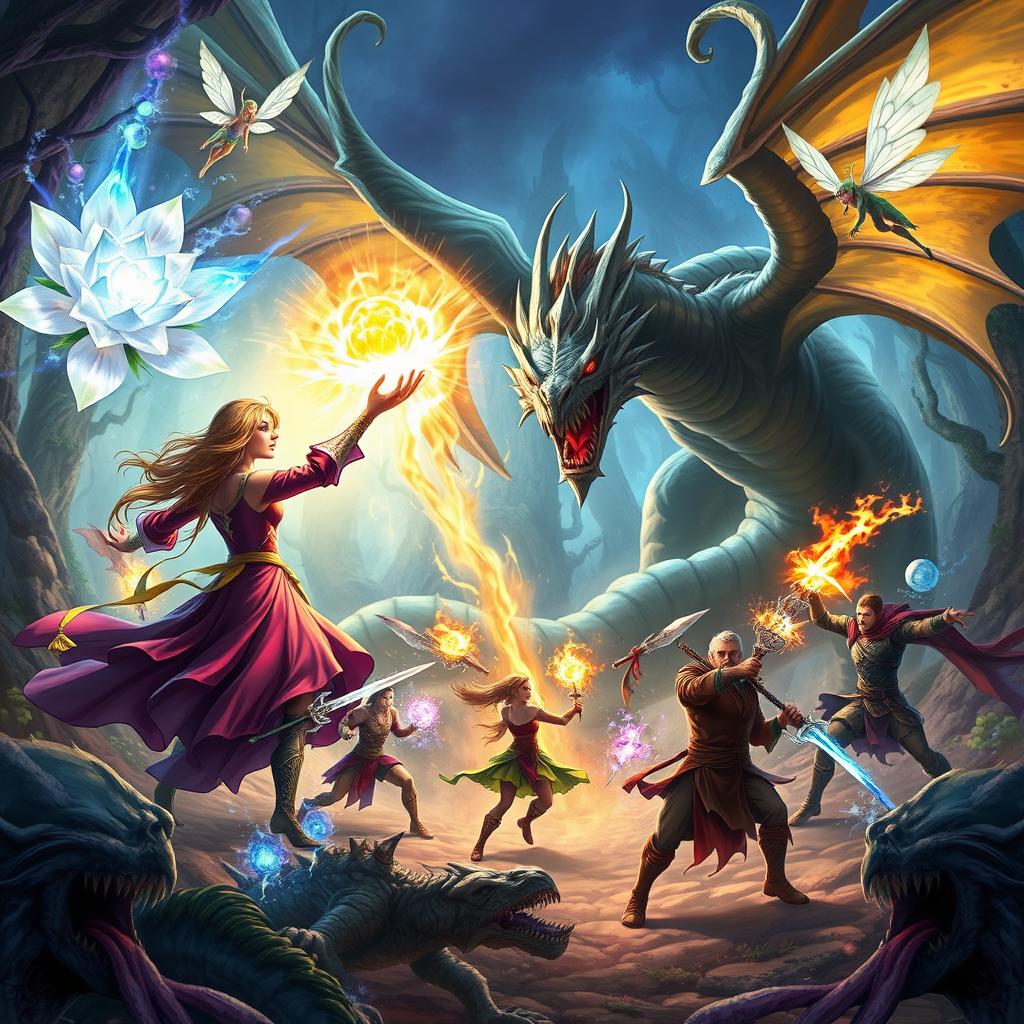 An intense battle scene with a powerful sorceress casting spells using the energy of a glowing crystal flower, accompanied by a magnificent dragon fiercely breathing fire