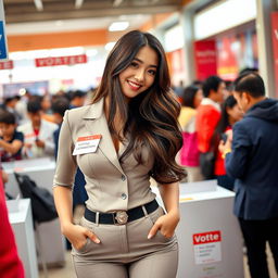 A beautiful Indo-Korean woman with prominent curves, dressed in an attractive outfit representing a voting commission for a local election