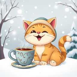 A cartoon-style illustration featuring a funny and cute cat wearing a cozy bubo cap
