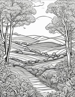 Black and white line drawing of a serene countryside scene in an adult colouring book style.