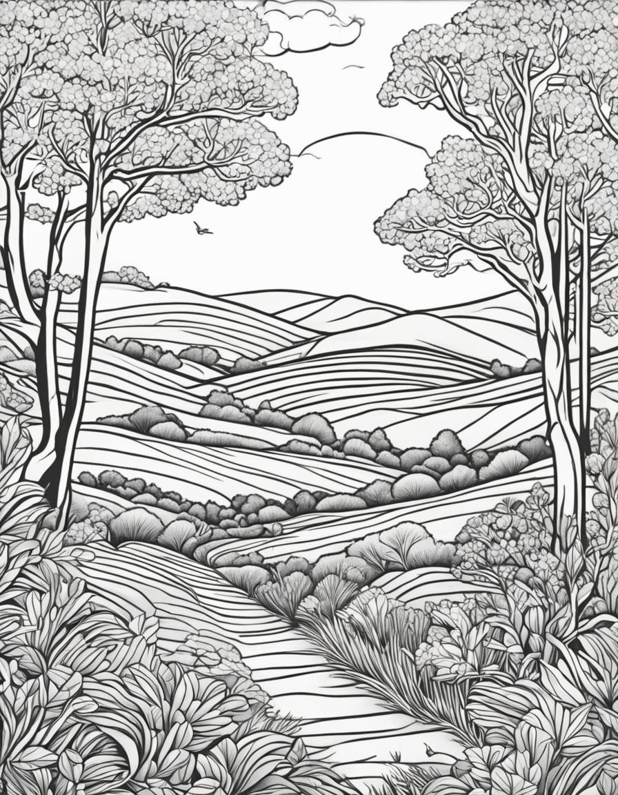Black and white line drawing of a serene countryside scene in an adult colouring book style.