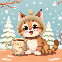 A cartoon-style illustration featuring a funny and cute cat wearing a cozy bubo cap