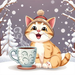 A cartoon-style illustration featuring a funny and cute cat wearing a cozy bubo cap