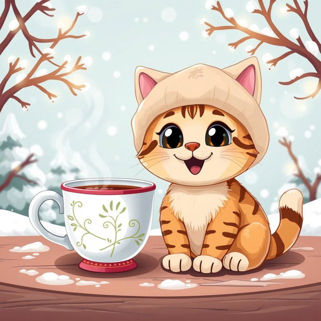 A cartoon-style illustration featuring a funny and cute cat wearing a cozy bubo cap