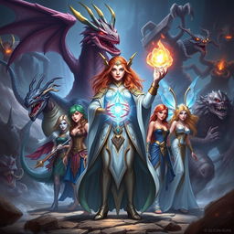 A powerful sorceress holding a radiant crystal flower stands at the forefront, flanked by her seven companions, including a majestic dragon and an elegant fairy