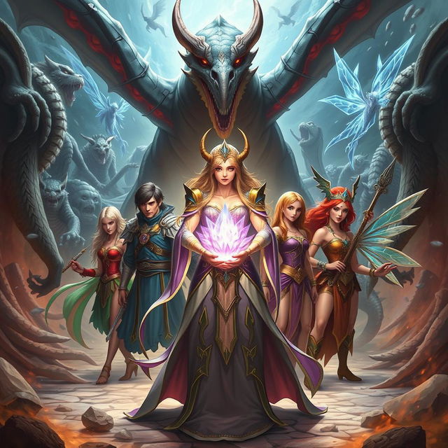 A powerful sorceress holding a radiant crystal flower stands at the forefront, flanked by her seven companions, including a majestic dragon and an elegant fairy