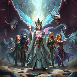 A powerful sorceress holding a radiant crystal flower stands at the forefront, flanked by her seven companions, including a majestic dragon and an elegant fairy
