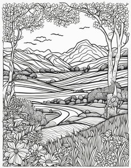 Black and white line drawing of a serene countryside scene in an adult colouring book style.