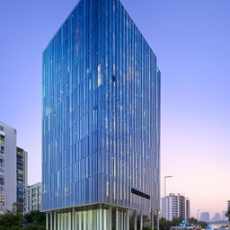 Three-story building front elevation architectural design featuring large glass windows and blue aluminum composite panels (ACP) elements