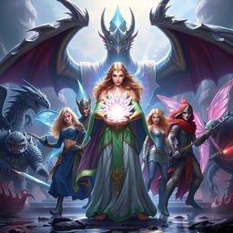 A powerful sorceress holding a radiant crystal flower stands at the forefront, flanked by her seven companions, including a majestic dragon and an elegant fairy