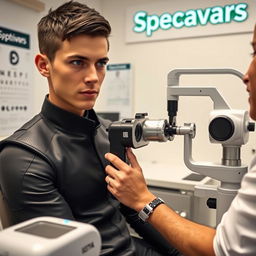 Paul Atreides, a young man with short dark hair and intense blue eyes, sitting in an eye examination room at Specsavers