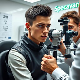 Paul Atreides, a young man with short dark hair and intense blue eyes, sitting in an eye examination room at Specsavers