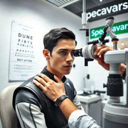 Paul Atreides, a young man with short dark hair and intense blue eyes, sitting in an eye examination room at Specsavers