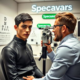 Paul Atreides, a young man with short dark hair and intense blue eyes, sitting in an eye examination room at Specsavers