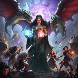 A captivating scene featuring a formidable sorceress clutching a powerful crystal flower, surrounded by seven loyal companions