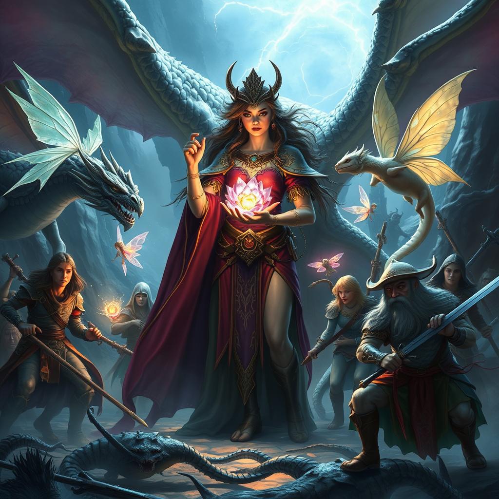 A captivating scene featuring a formidable sorceress clutching a powerful crystal flower, surrounded by seven loyal companions