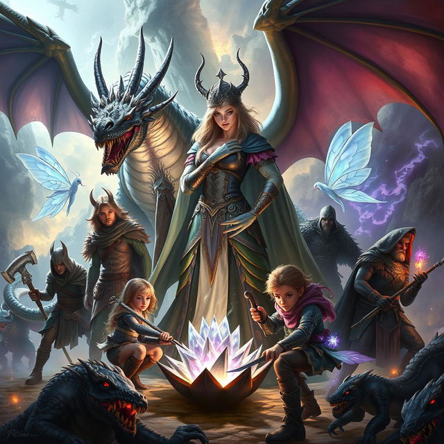 A captivating scene featuring a formidable sorceress clutching a powerful crystal flower, surrounded by seven loyal companions