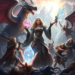 A captivating scene featuring a formidable sorceress clutching a powerful crystal flower, surrounded by seven loyal companions