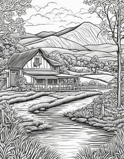 Black and white line drawing of a serene countryside scene in an adult colouring book style.