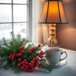 A cozy evening room scene with a light background