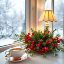 A cozy evening room scene with a light background