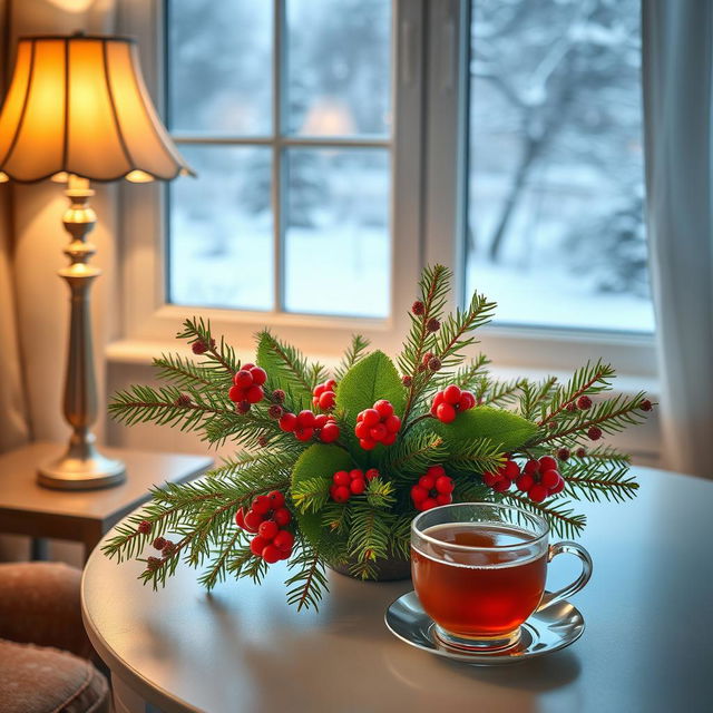 A cozy evening room scene with a light background