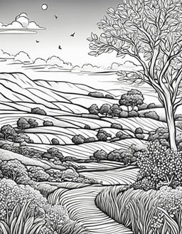 Black and white line drawing of a serene countryside scene in an adult colouring book style.