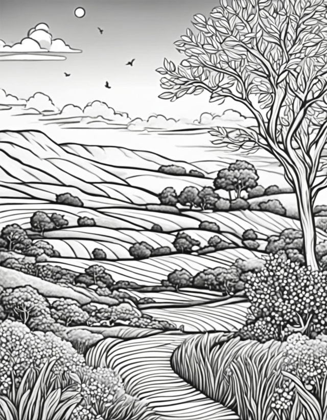 Black and white line drawing of a serene countryside scene in an adult colouring book style.