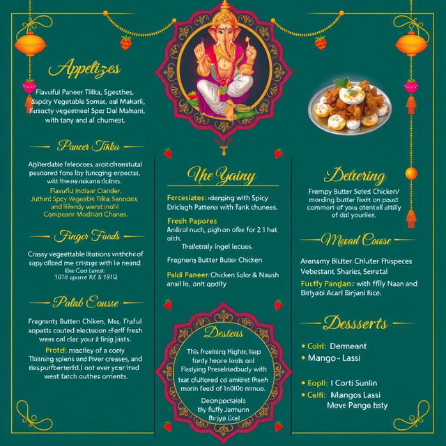 An elegant catering menu for Ganesh celebrations featuring beautifully presented vegetarian dishes