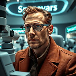 A futuristic setting inside a Specsavers optometrist, featuring Paul Atreides from Dune, wearing a detailed still suit
