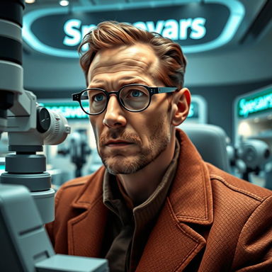 A futuristic setting inside a Specsavers optometrist, featuring Paul Atreides from Dune, wearing a detailed still suit