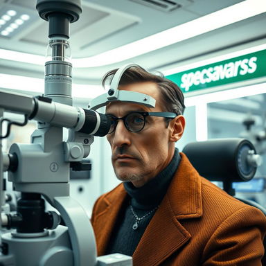 A futuristic setting inside a Specsavers optometrist, featuring Paul Atreides from Dune, wearing a detailed still suit