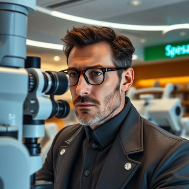 A futuristic setting inside a Specsavers optometrist, featuring Paul Atreides from Dune, wearing a detailed still suit