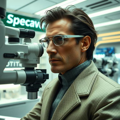 A futuristic setting inside a Specsavers optometrist, featuring Paul Atreides from Dune, wearing a detailed still suit