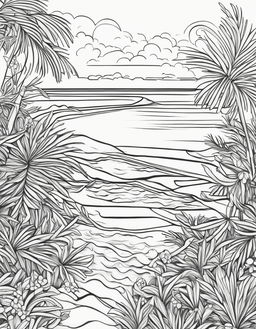 Black and white line drawing of a tranquil beach scene in an adult colouring book style.