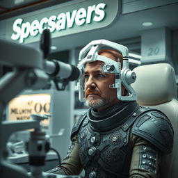 A futuristic scene inside a Specsavers optometrist, featuring Paul Atreides from Dune, wearing an intricately designed stillsuit