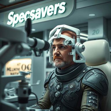 A futuristic scene inside a Specsavers optometrist, featuring Paul Atreides from Dune, wearing an intricately designed stillsuit
