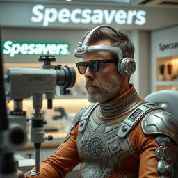 A futuristic scene inside a Specsavers optometrist, featuring Paul Atreides from Dune, wearing an intricately designed stillsuit