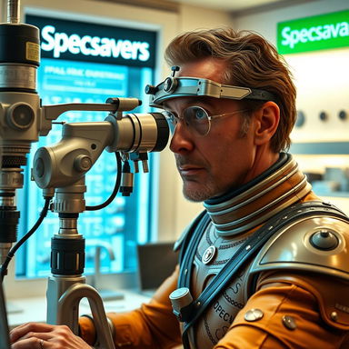 A futuristic scene inside a Specsavers optometrist, featuring Paul Atreides from Dune, wearing an intricately designed stillsuit