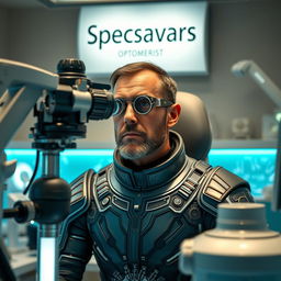 A futuristic scene inside a Specsavers optometrist, featuring Paul Atreides from Dune, wearing an intricately designed stillsuit