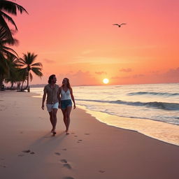 A serene beach at sunset, with soft waves gently lapping against the shore