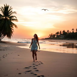 A serene beach at sunset, with soft waves gently lapping against the shore
