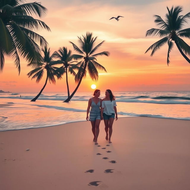 A serene beach at sunset, with soft waves gently lapping against the shore