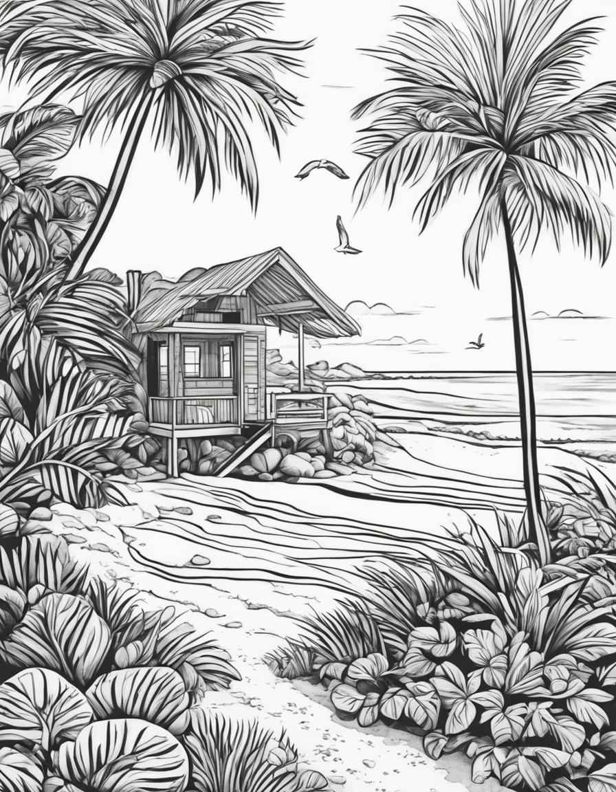 Black and white line drawing of a tranquil beach scene in an adult colouring book style.