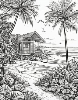 Black and white line drawing of a tranquil beach scene in an adult colouring book style.