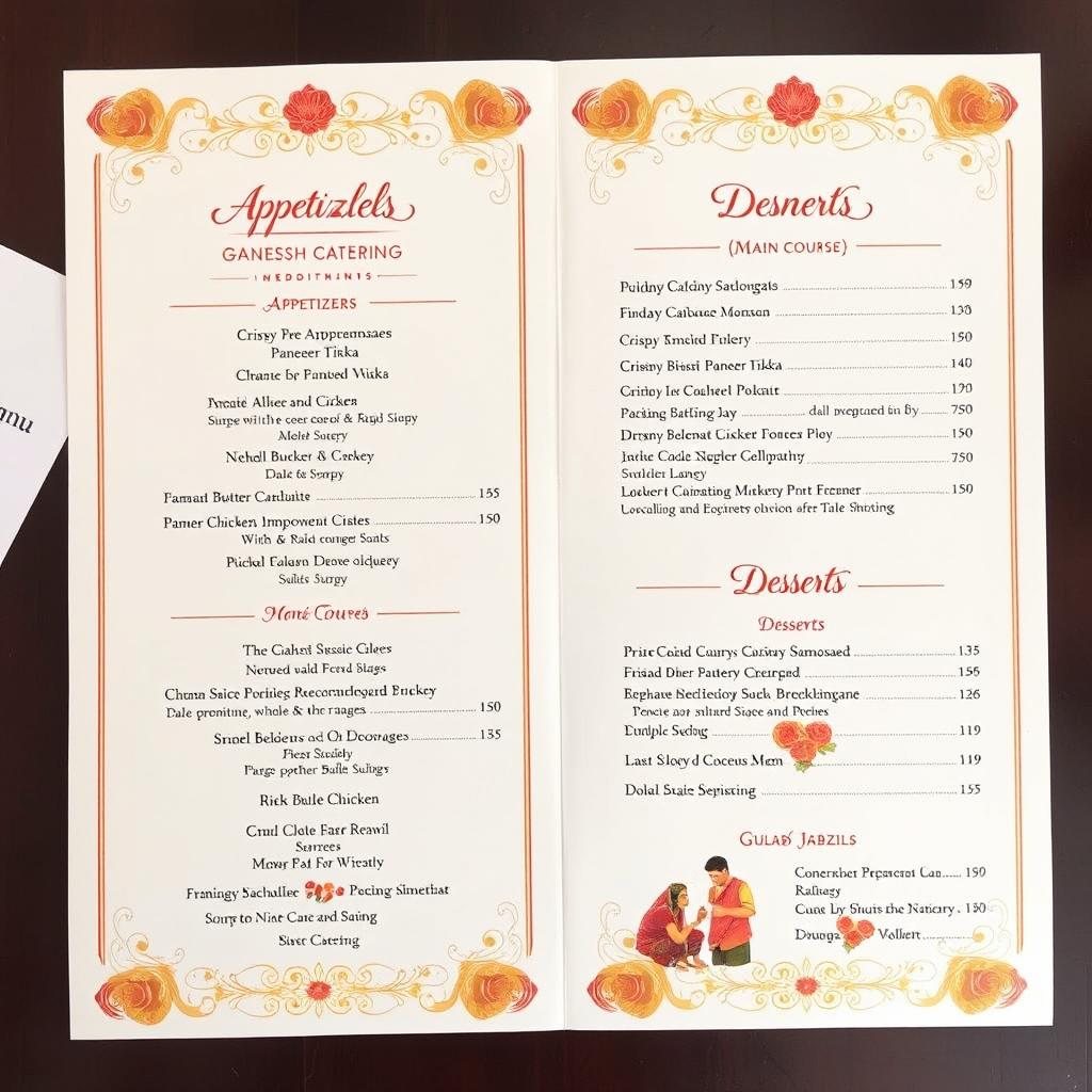 A beautifully designed wedding catering menu for Ganesh Catering