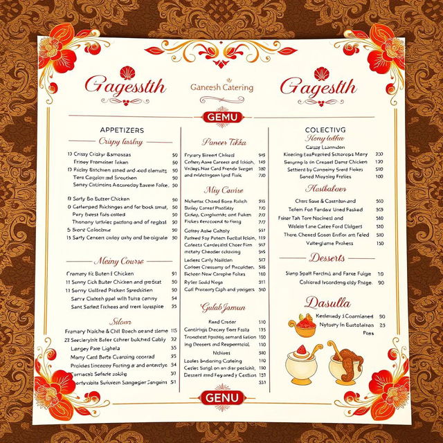 A beautifully designed wedding catering menu for Ganesh Catering