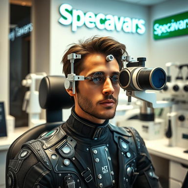 A modern optometry office at Specsavers, featuring Timothée Chalamet as Paul Atreides from Dune, clad in an intricately designed stillsuit