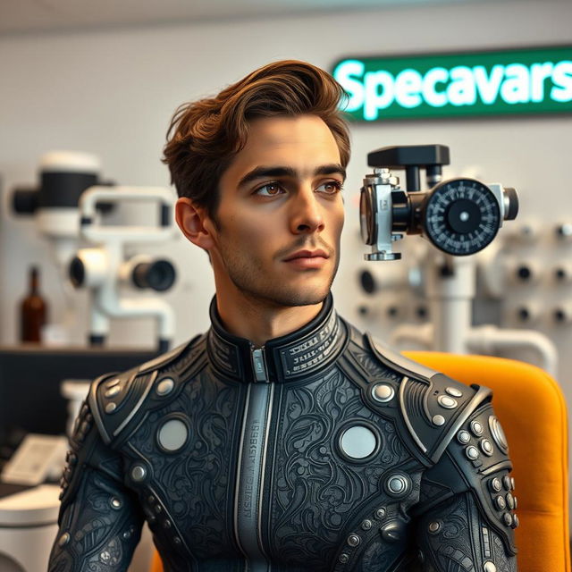 A modern optometry office at Specsavers, featuring Timothée Chalamet as Paul Atreides from Dune, clad in an intricately designed stillsuit